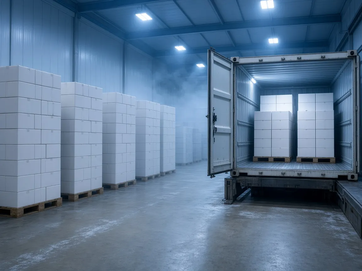 cold-storage warehouse with export cartons and refrigerated container