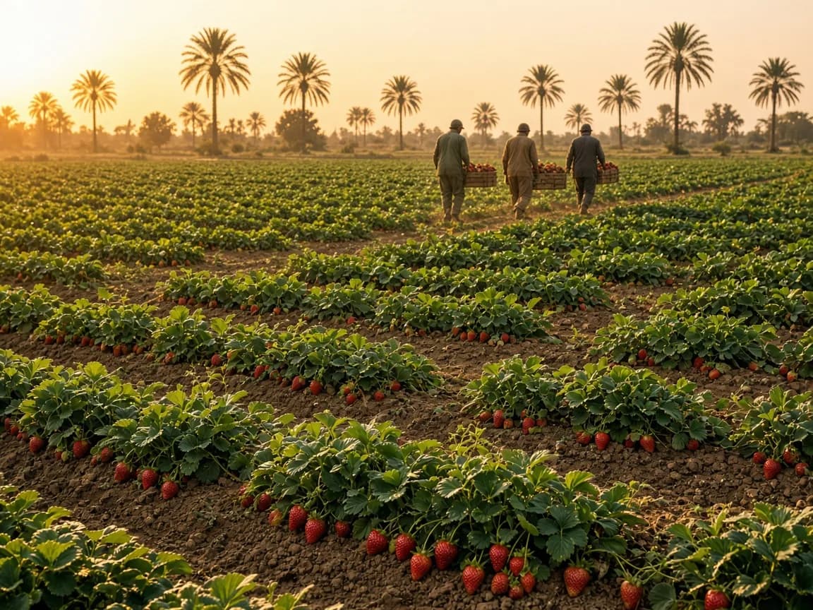 Egyptian strawberry farm at harvest with workers carrying crates
