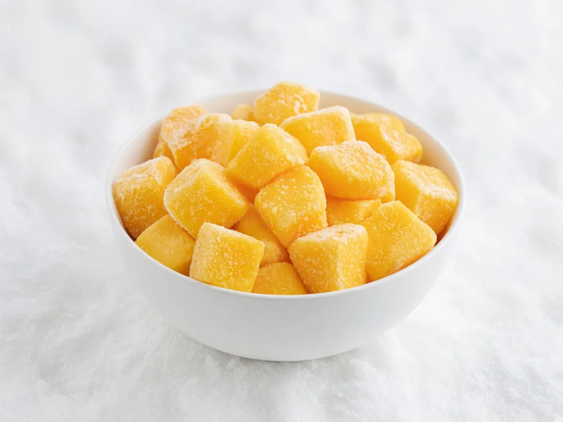 frozen diced mango in white bowl