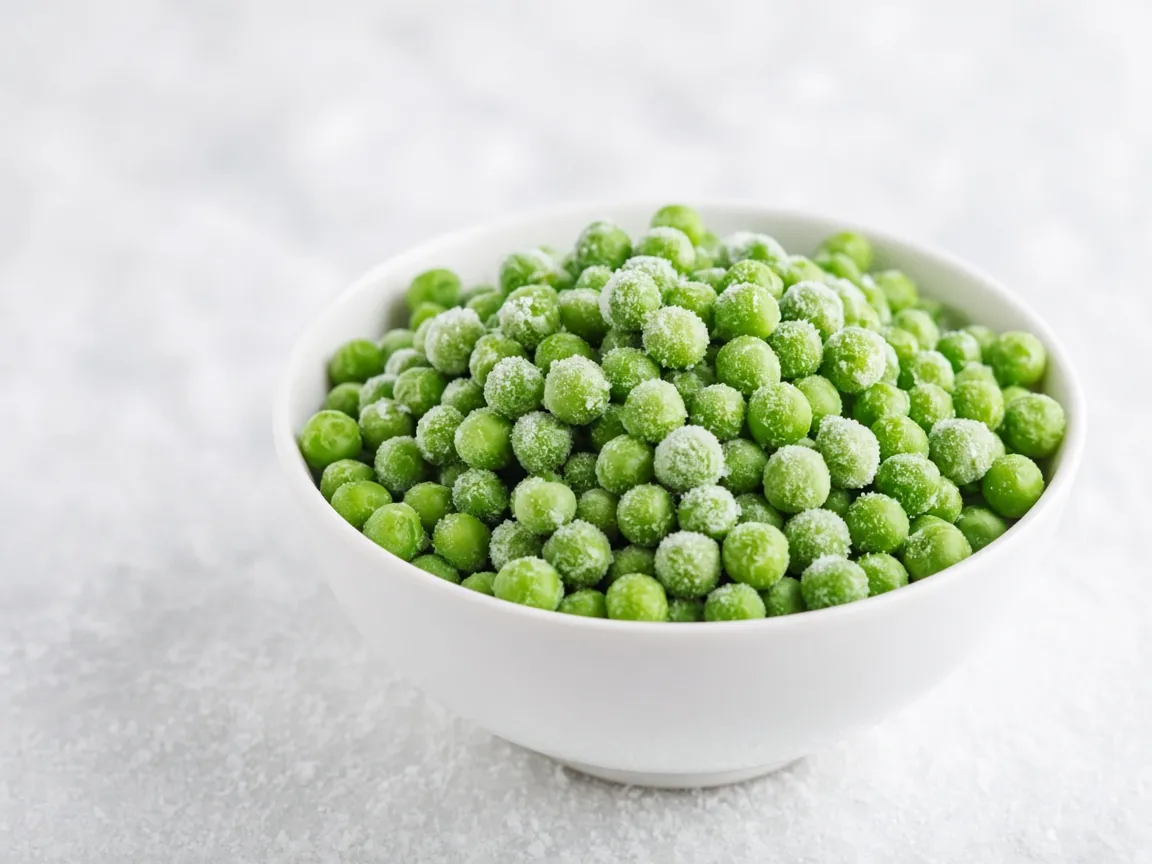 frozen green peas with frost in white bowl